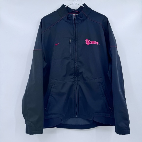 St Johns College Nike Jacket Men Large Black Full Zip Red Embroidery Soft Shell - Picture 1 of 13